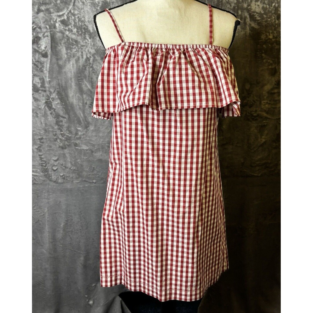 Boston Proper Dress XS Cami Plaid Ruffle Red White Gingham Beach Casual Sundress